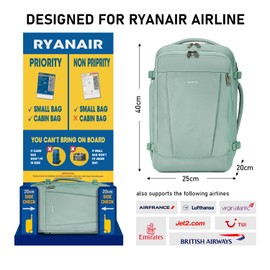 ECOHUB Ryanair Backpack 40 x 20 x 25 cm Hand Luggage 13 Pockets Travel Backpack Aeroplane Carry-ons Waterproof Backpack Women's Small PET Recycled Environmentally Friendly 20L, light green, Rucksack