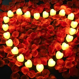 KOABY 2000pcs Red Artificial Rose Petals with 24pcs Warm Yellow LED Tea Lights Kit, for Decor