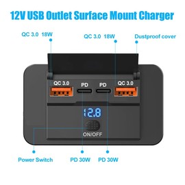 4 Ports Dual PD Dual QC 3.0 USB Car Charger with Switch 96W Fast Charging Socket USB Power Supply for 12V / 24V Car Boat Bus RV Truck