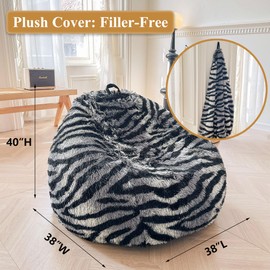 XeGe Zebra Print Faux Fur Bean Bag Cover (No Filler), Fluffy Stuffed Animal Storage Bean Bag Chair Shell for Living Room Dorm, Furry Fuzzy Striped Beanbag Cover for Adults Teens Kids, Anti-slip, Grey