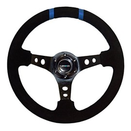 NRG Innovations ST-016S-BK 350mm Suede Sport Wheel (3" Deep) Black with Blue Double Center Marking