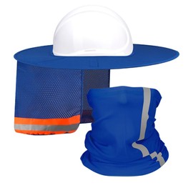 Hard Hat Sun Shade with Full Brim Visor, Shield Your Neck from Sun, Men's Construction Accessories for Hardhat Hats UV Sunshade Helmet Attachment, 2 pcs Set Blue