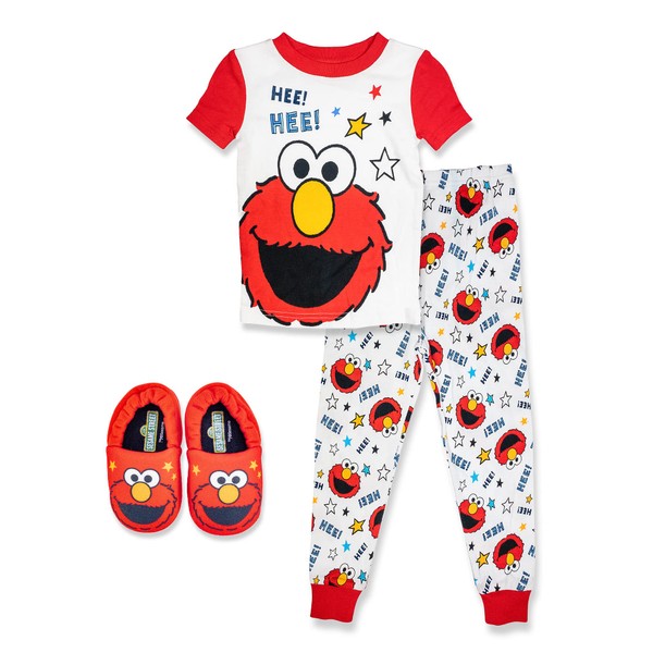 Sesame Street Elmo Toddler,2 Piece Pajama Set,with Matching Toddler Elmo Slippers, 100% Cotton, Red, Size 2T