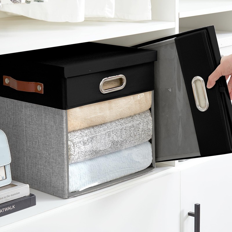 Roobyl Fabric Storage Cubes with Clear Windows and Lids, 13''