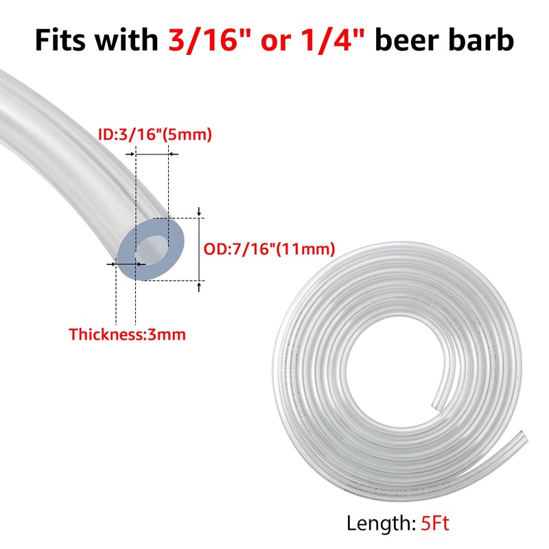 5FT Kegerator Beer Lines with Barb Fitting Connector, 3/16" ID