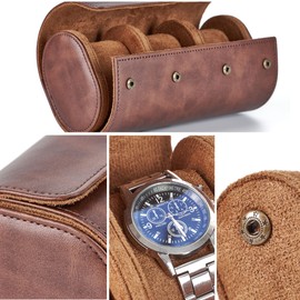 KlLHS Watch Roll with 3 Compartments, Watch Box for Travel, Watch Box with Removable Pads, Brown