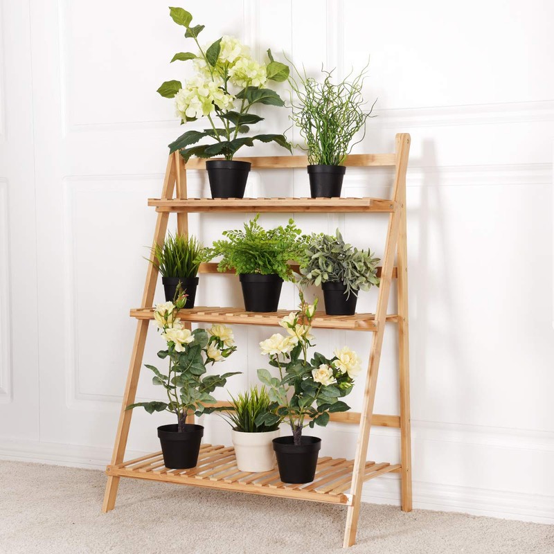 Casart Bamboo Ladder Stand Shelf, Foldable Multifunctional Flower Display Rack,