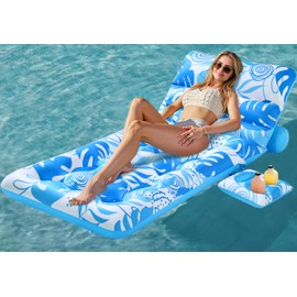 SLOOSH Adjustable Backrest Pool Floats - Tropical Leaves Pool Lounger Floaties Adults with Cup Holders, Inflatable Tanning Float Rafts Chair Beach Lake Lounge Floating Above Water Keep Cool (Blue)