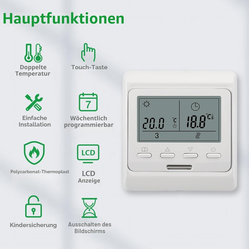 Wengart Thermostat Electric Underfloor Heating 16A, WG806 Digital Room Thermostat