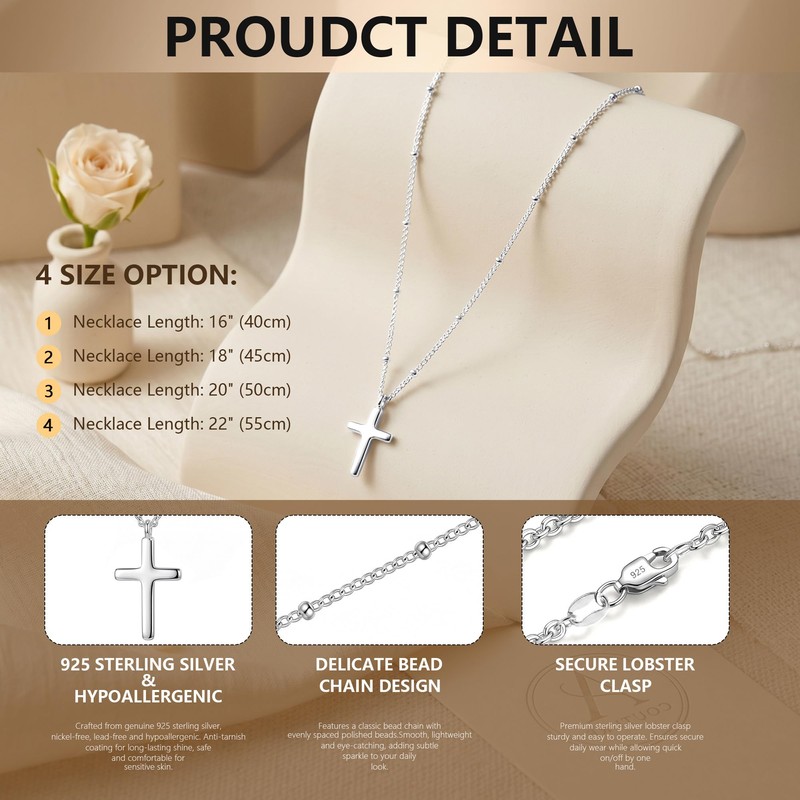 Cross Necklace for Women,925 Sterling Silver 1.5MM Bead Chain Cross