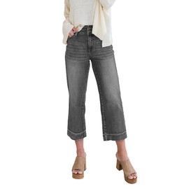 Dokotoo Wide Leg Pants Jeans for Women Trendy Womens Pants High Waisted Pants Baggy Straight Petite Jeans 2024 Outfits Fashion Clothes Casual Summer Pants Pocket Trousers Stretch Denim Medium Grey