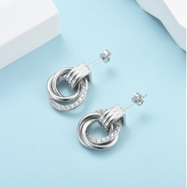 Silver Hoops Earrings for Women Girls, Chunky Hoop Earrings Triple Round Dangle Huggie Drop Interlocking Link Earrings Jewellery Girls Gifts