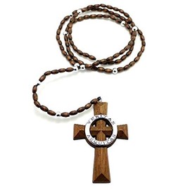 NYFASHION101 Veritas Aequitas Cross Pendant 5mm 39" Wooden Rosary Necklace, Brown/Silver-Tone