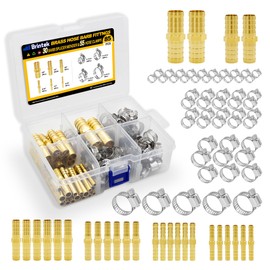 Brintek 30PCS Brass Hose Barb Fittings Splicer Mender 3/16” 1/4” 5/16” 3/8” 1/2” 5/8” with 55PCS Stainless Steel Hose Clamps for Fuel Gas Water Air