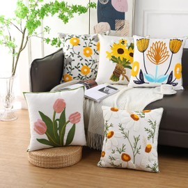 Embroidery Throw Pillow Cover Flowers Jacquard Pillowcase for Cushion Sofa Home Decor Pillow Cover with Concealed Zipper (Morning Glory, 18x18in)