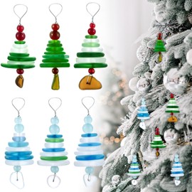 Arrowbash 6 Pcs Sea Glass Christmas Tree Ornaments Sea Crystal Glass Decor Crafts Christmas Tree Hanging Ornament for Party Beach Ocean Table Decoration
