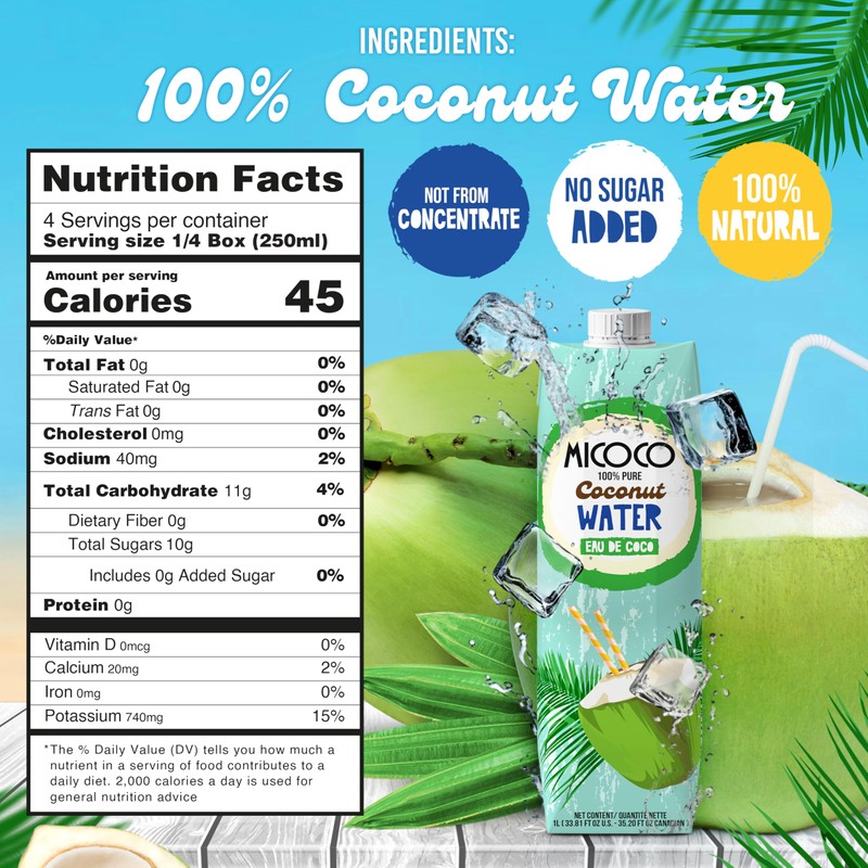 MICOCO Coconut Water, No Added Sugar, (1L) 33.8 Fl Oz