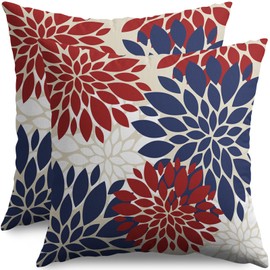 4th of July Blue Red White Pillow Covers 18X18 Inch Set of 2, Modern Geometry Dahlia Floral Print Holiday Decorative Throw Pillow Covers Outdoor Farmhouse Cushion Case for Couch Sofa Bed Decor