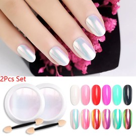 evpct 2Pcs Pearl White Mermaid Aurora Chrome Nail Powder Kit for Gel Nails Polish Rainbow Holographic Iridescent Chameleon Metallic Neon Nail Pigment Mirror Chrome Nail Powder for Gel Nails Glitter | evpct