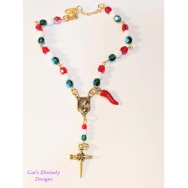 Italian Auto/Vehicle Rosary With Red Italian Horn (Cornicello) Charm (Silver or Gold) (Gold)