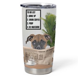 White Fawn Boxer Dog Reading Newspaper Tumbler 20oz - Funny To Do List Curved Stainless Steel Insulated Cup with Lid - Novelty Gift Idea for Dog Owner & Puppy Lover