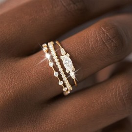 Long tiantian 3PCS Dainty Gold Rings Index Finger Rings for Women Non Tarnish Stackable Gold Rings Set Statement Promise Wedding Bands Engagement Rings Size 5 6 7 8 9 10
