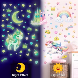 DECOWALL GDS4-8089 Glow in The Dark Unicorn Wall Stickers Decals Kids Stars Glowing Castle Moon Rainbow