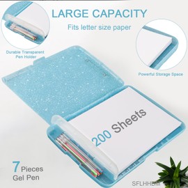 Glitter Clipboard with Storage,A4 Binder Clip Boards 8.5x11 with Pen Holder,Storage Clipboard with Low Profile Clip, Side Opening Sparkle Clipboards,Clipboard Folder for Office Supplies (Aqua Blue)