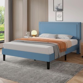 VECELO Queen Size Bed Frame with Height Adjustable Upholstered Headboard, Modern Platform Mattress Foundation, Strong Wood Slat Support, No Box Spring Needed, Easy Assembly