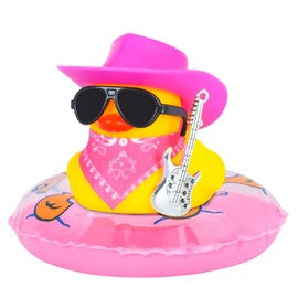 Cow-boy Rubber Duck Car Ornaments Squeaky Pink Duck Car Dashboard Decorations Party Favors Ducky with Mini Guitar Sunglasses Bandanas,Pink Swim Ring