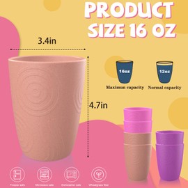 Homienly Premium Wheat Straw Cups - Set of 6 | Alternative Plastic Cups 16 OZ | Unbreakable Dishwasher Safe Tumblers with Etched Pattern | Water Cups for Kids, Milk, Drinks, Smoothies(Pink Flower)