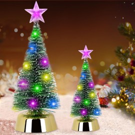 Mini Christmas Tree, Pack of 2 Artificial Christmas Trees, Green Mini Christmas Tree, Christmas Tree Decoration, Small, LED Artificial Pine Tree, Snow Effect, Christmas Party Crafts for Table
