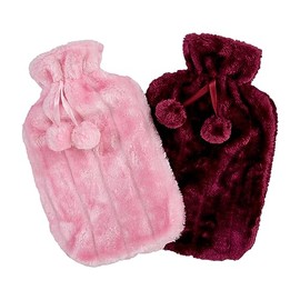 K Collection 2 x Hot Water Bottles - Luxury Cosy Faux Fur Fleece Cover with Pom Poms - Natural Rubber 2 Litre Capacity - (Pink and Plum)