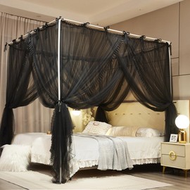 NXGIO 4 Corners Post Princess Curtain Bed Canopy Lace Up Double Layer 4 Opening Mosquito Net Mesh for Girls Bedroom Decoration(Black, 64" W*82" L*82" H/Queen)