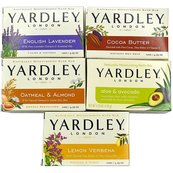 Yardley London Soap Bath Bar Bundle - 10 Bars: English Lavender, Oatmeal and Almond, Aloe and Avocado, Cocoa Butter, Lemon Verbena 4.25 Ounce Bars (Pack of 10 Bars, Two of each)