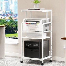 Arbuxzuy 4 Tier Printer Stand with Storage Shelf, Large Tall Printer Cart with Wheels, Mobile Printer Table for Home Office, Adjustable Stands for Printer Heat Press Scanner Fax (White)