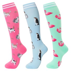 fenglaoda 3 Pairs Compression Socks for Women Men Knee High Cute Circulation Nurses Pregnancy Travel Athletic Socks