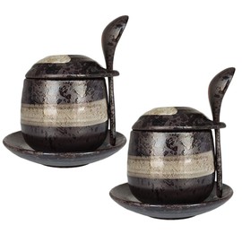 MASSJOY Set of 2 Japanese Style Stoneware Egg Custard Cooker, Medicinal Herbs Tonic Stew Pot, Seasoning Jar. (With Spoon and Saucer)