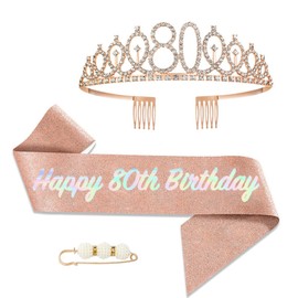 POPOYU 80th Birthday Crown and Sash, Crown 80th Birthday Women, 80th Birthday Tiara, Rose Gold, Crown 80th, 80th Birthday Girl Headpiece for Birthday Gift, Party Supplies