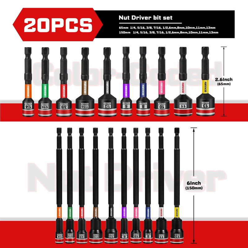 Geinxurn Impact Nut Driver Set, 20 Pieces 2.56”6”Long 6mm/8mm/10mm/ 11mm/13mm