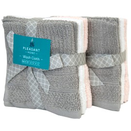 PH Pleasant Home Ribbed Wash Cloths Set - 12 Pack (12” x 12”) – 509 GSM - 100% Ring Spun Cotton Wash Cloth - Super Soft and Highly Absorbent Face Towels (Light Grey, White & Pink)