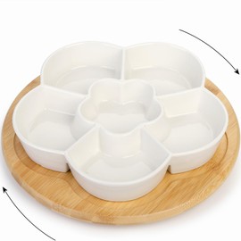 DEAYOU 11'' Lazy Susan Serving Tray, Porcelain Divided Platter with Silent Rotating Tray, Ceramic Appetizer Sectional Dish with Swivel Bamboo Tray for Chips and Dip, Nuts, Fruit, Veggie, Flower Shape