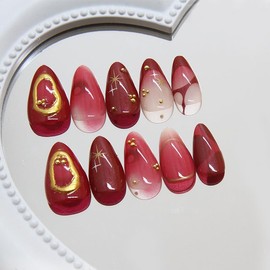 QQPPOLIU Short Almond Press on Nails Red,3D French Tips Glue on Fake Acrylic Nails Kit