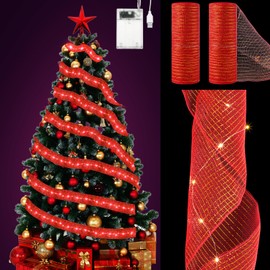 Tujoe 2 Rolls Christmas Mesh Ribbon Lights 10 Inch X 30 Feet 100 Led Christmas Tree Decor Ribbon Lights with Battery Operated USB Plug for Party Weddings Holiday Christmas Decoration(Red)
