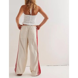 Hongsui Women's Wide Leg Pants Drawstring High Rise Side Striped Slouchy Palazzo Pants with Pockets (Beige-XS)