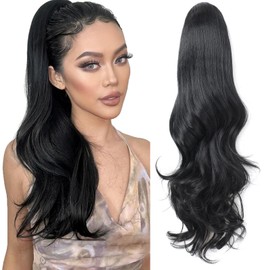 Samtress Ponytail Extension 24 Inch Drawstring Ponytail Extension for Women Natural Black Long Wavy Layered Pony Tails Hair Extensions Synthetic Clip in Ponytail Hairpiece Daily Use Party (#1B)