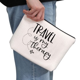 Travel Lover Gift Travel is My Therapy Makeup Bag Adventure Lover Zipper Cosmetic Bag Traveler Themed Gift World-Wide Traveler Zipper Travel Bag (Travel is My Therapy White)