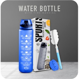 K-MART Water Bottle 1L, Sports Water Bottle with Time Markings, BPA-Free, Leak-Proof Drinks Bottle, Perfect for Running, Cycling, Gym, Yoga, Camping and Outdoor Activities, Blue
