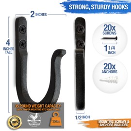 Railroad Spike Cast Iron Hooks (10 Pack) Two Mounting Holes for Greater Strength - Handmade Blacksmith, Wall Mounted, Farmhouse Decor Cast Iron Wall Hooks, Vintage Hooks for Hanging (3.75 inches tall)