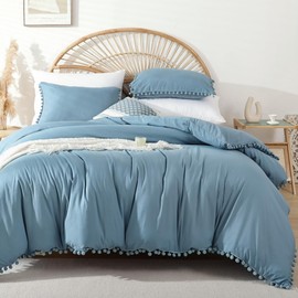 YIRDDEO King Size Comforter Set - King Size Comforter with Ball Pom Fringe, Soft King Bedding Set for All Seasons - 3 Pieces, 1 Comforter (104"x90"inches) & 2 Pillow Shams(20"x36"), Dusty Blue